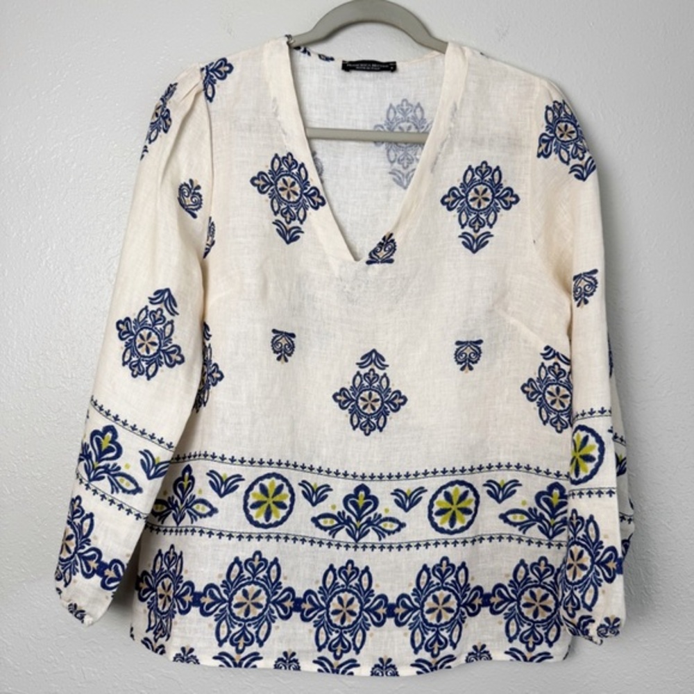 Francesca Bettini linen cream blue boho blouse top S - Picture 2 of 11